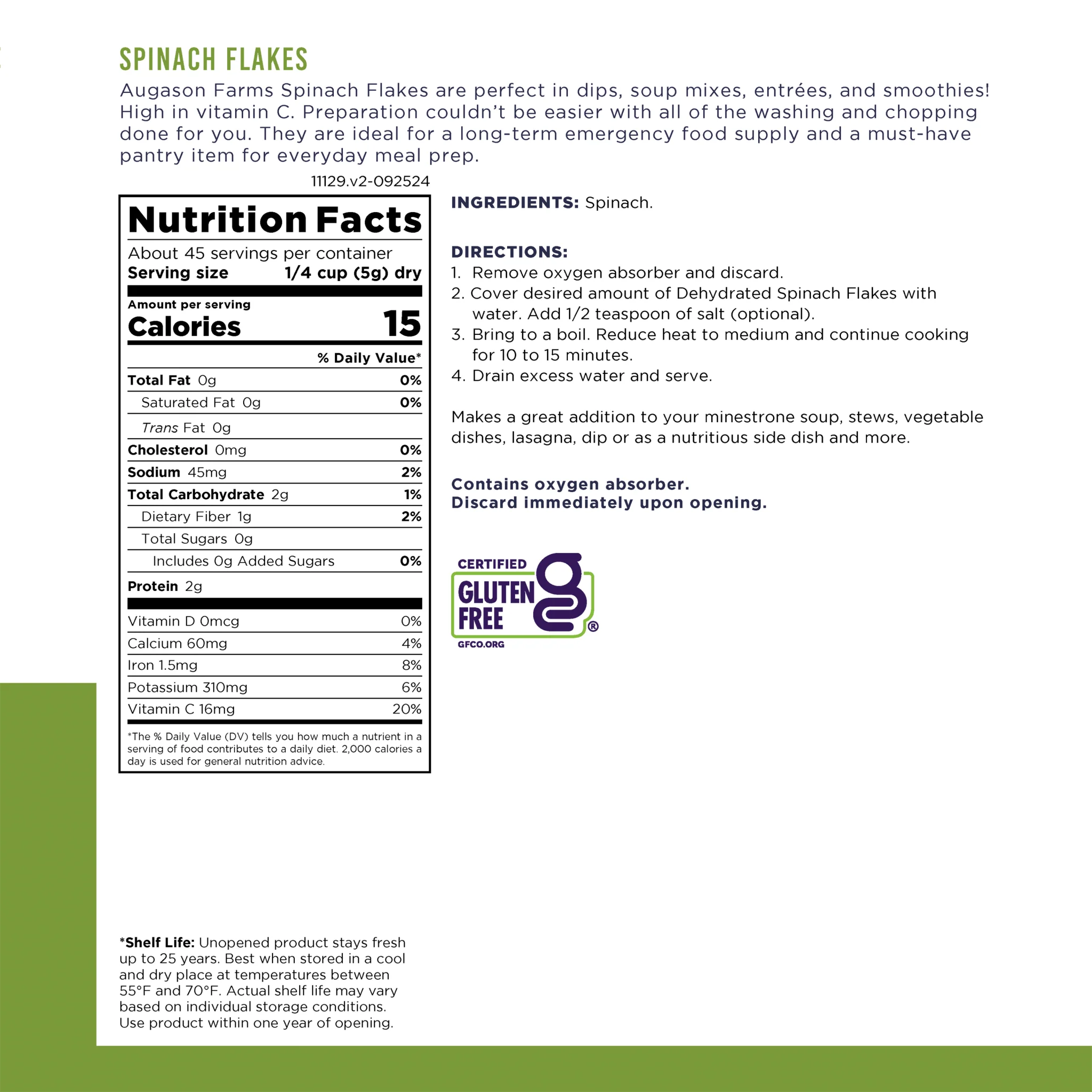 Dehydrated Spinach Flakes Can, 45 Servings - Image 3