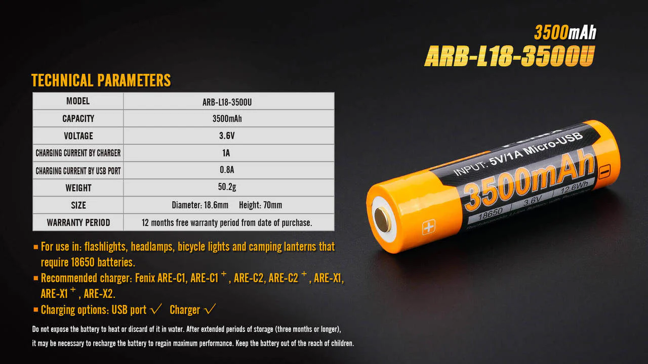 Fenix ARB-L18-3500U USB Rechargeable Li-ion 18650 Battery - Image 8