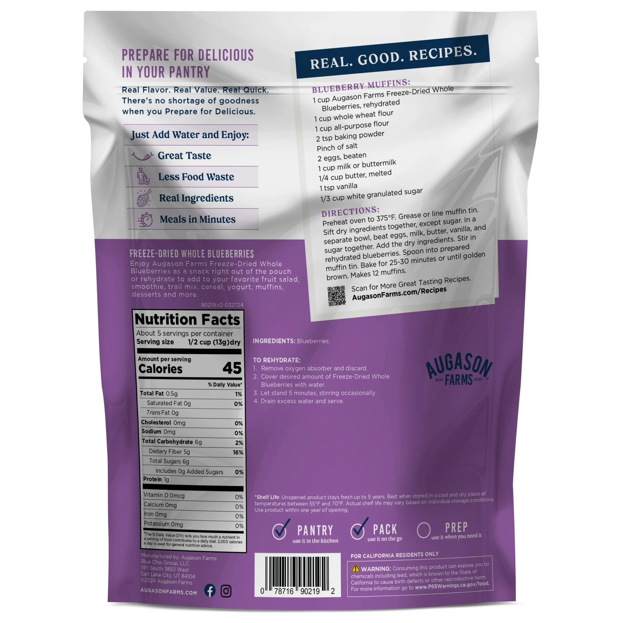 Freeze Dried Whole Blueberries Pouch, 5 Servings - Image 2