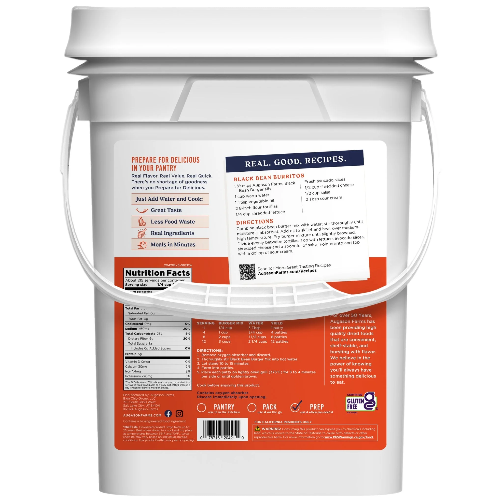 Gluten Free Black Bean Burger Mix 4 Gallon Pail, 215 Servings - Image 2