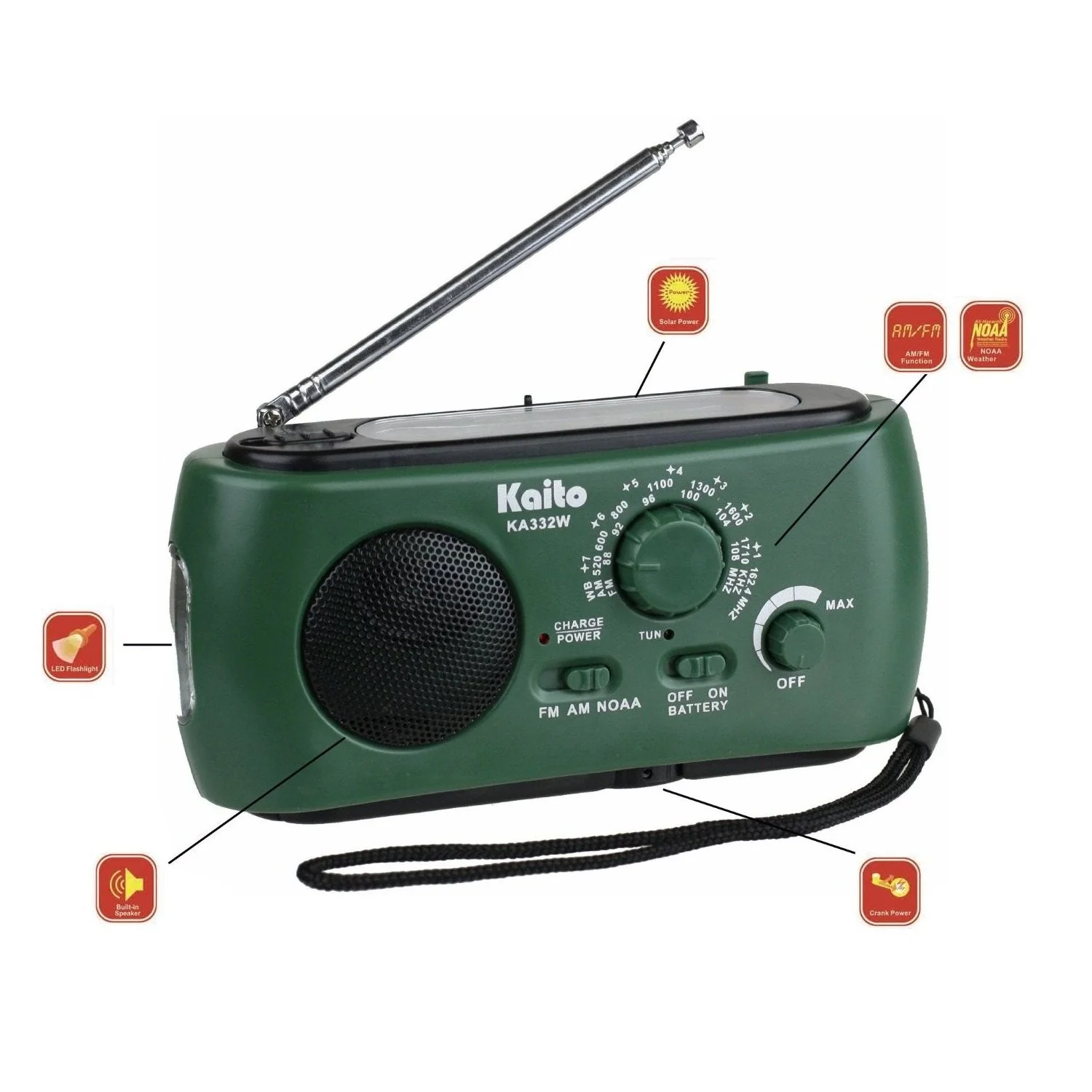 Kaito KA332W Portable Hand Crank Solar AM/FM NOAA Weather Radio Green - Image 2