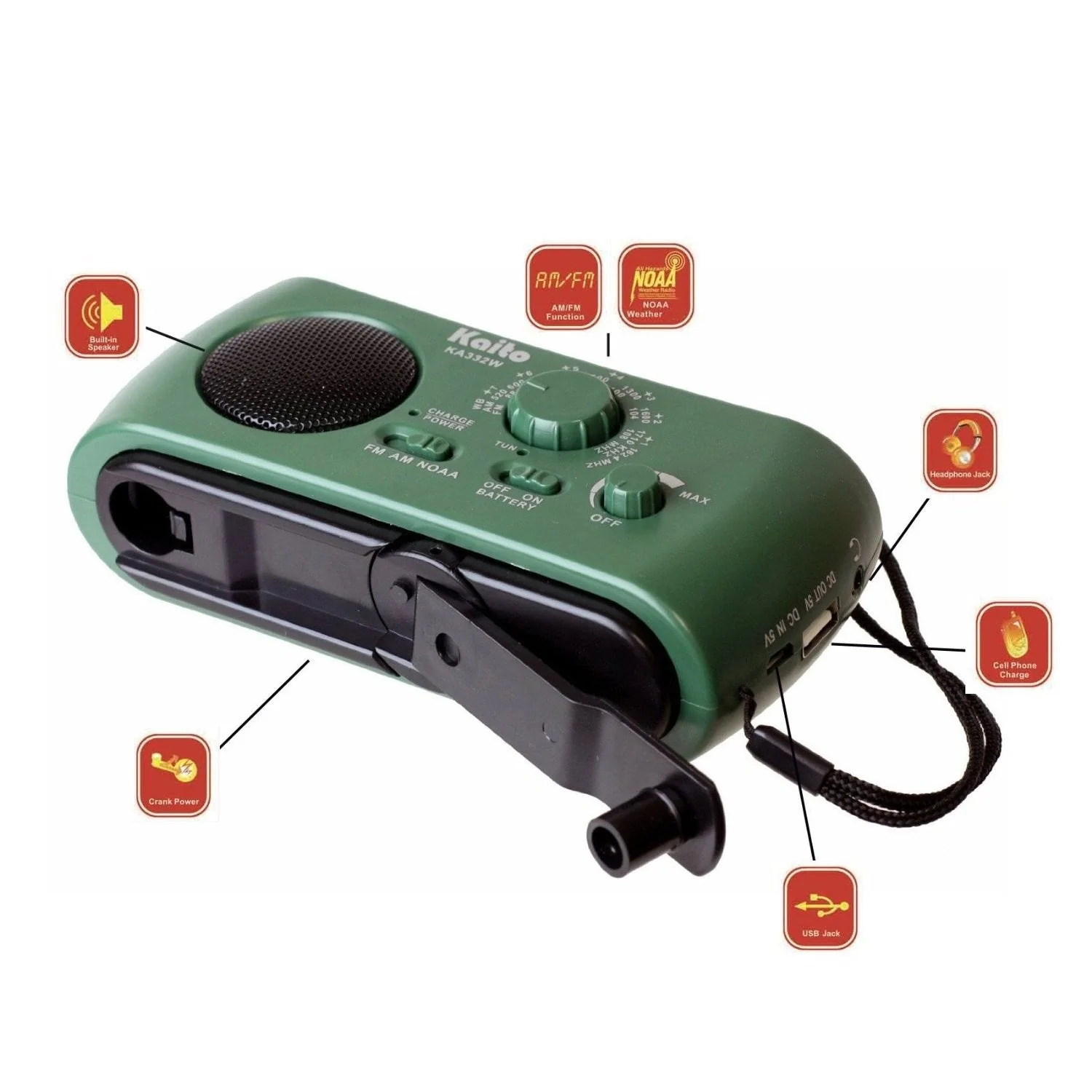 Kaito KA332W Portable Hand Crank Solar AM/FM NOAA Weather Radio Green - Image 3