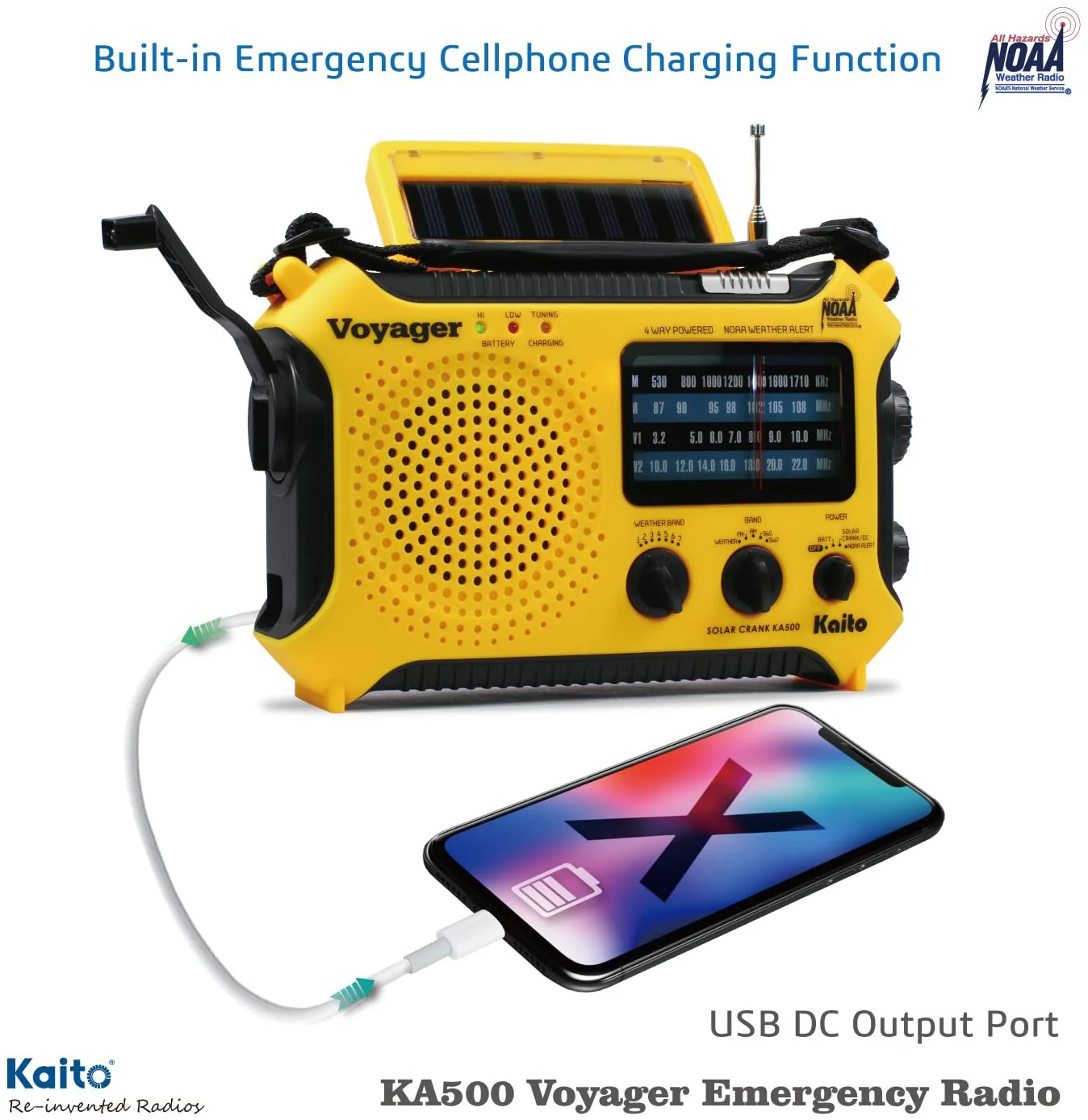 Kaito KA500 Voyager Solar Crank Emergency Weather Alert Radio with Adapter - Image 3