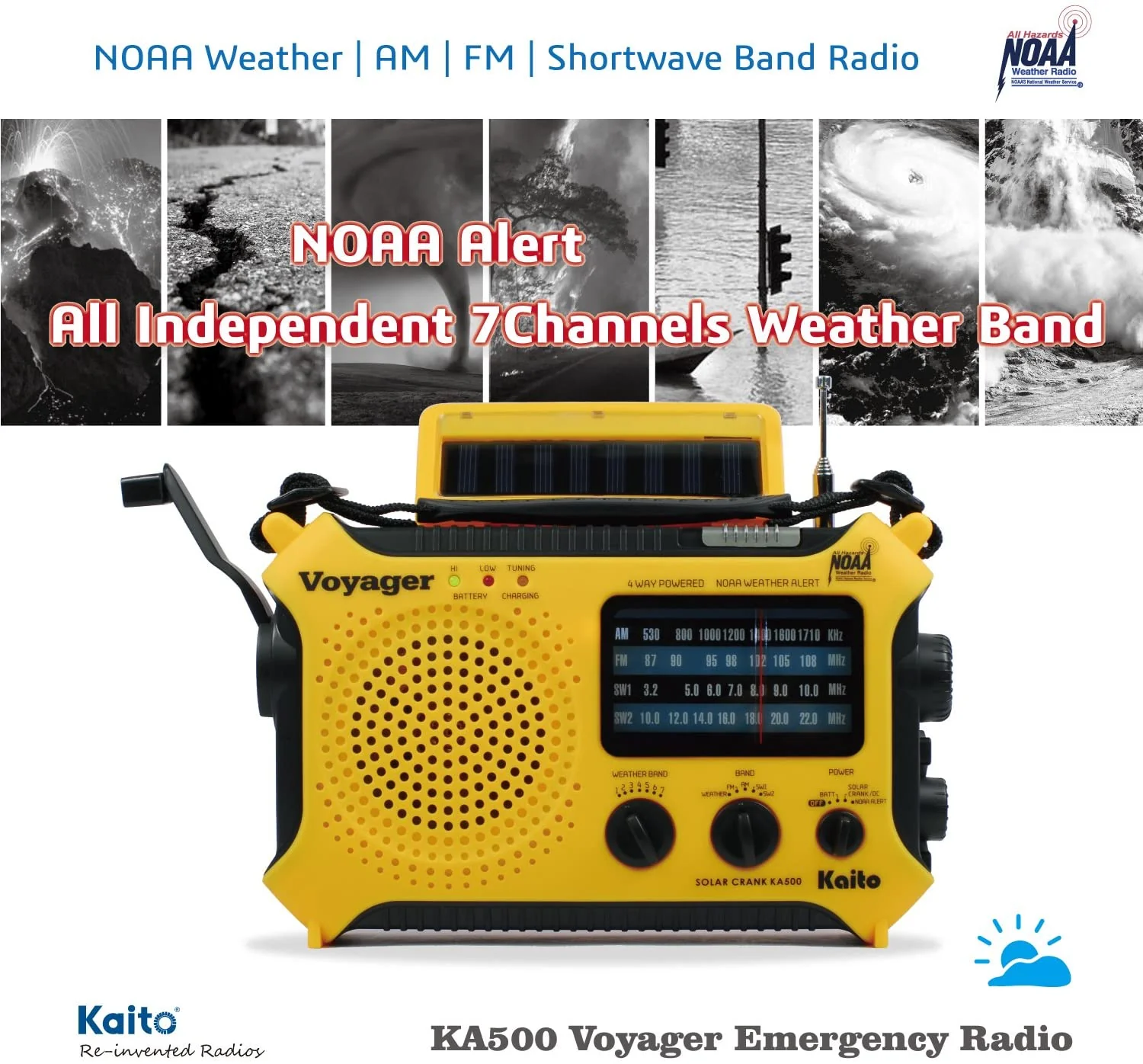 Kaito KA500 Voyager Solar Crank Emergency Weather Alert Radio with Adapter - Image 4