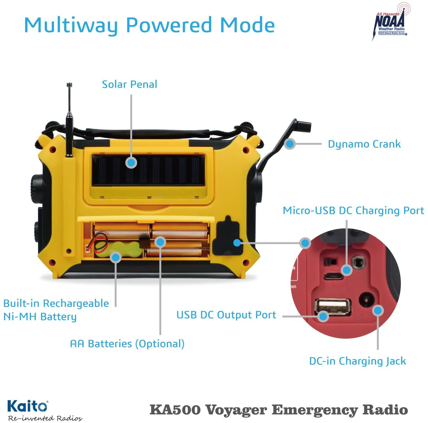 Kaito KA500 Voyager Solar Crank Emergency Weather Alert Radio with Adapter - Image 6