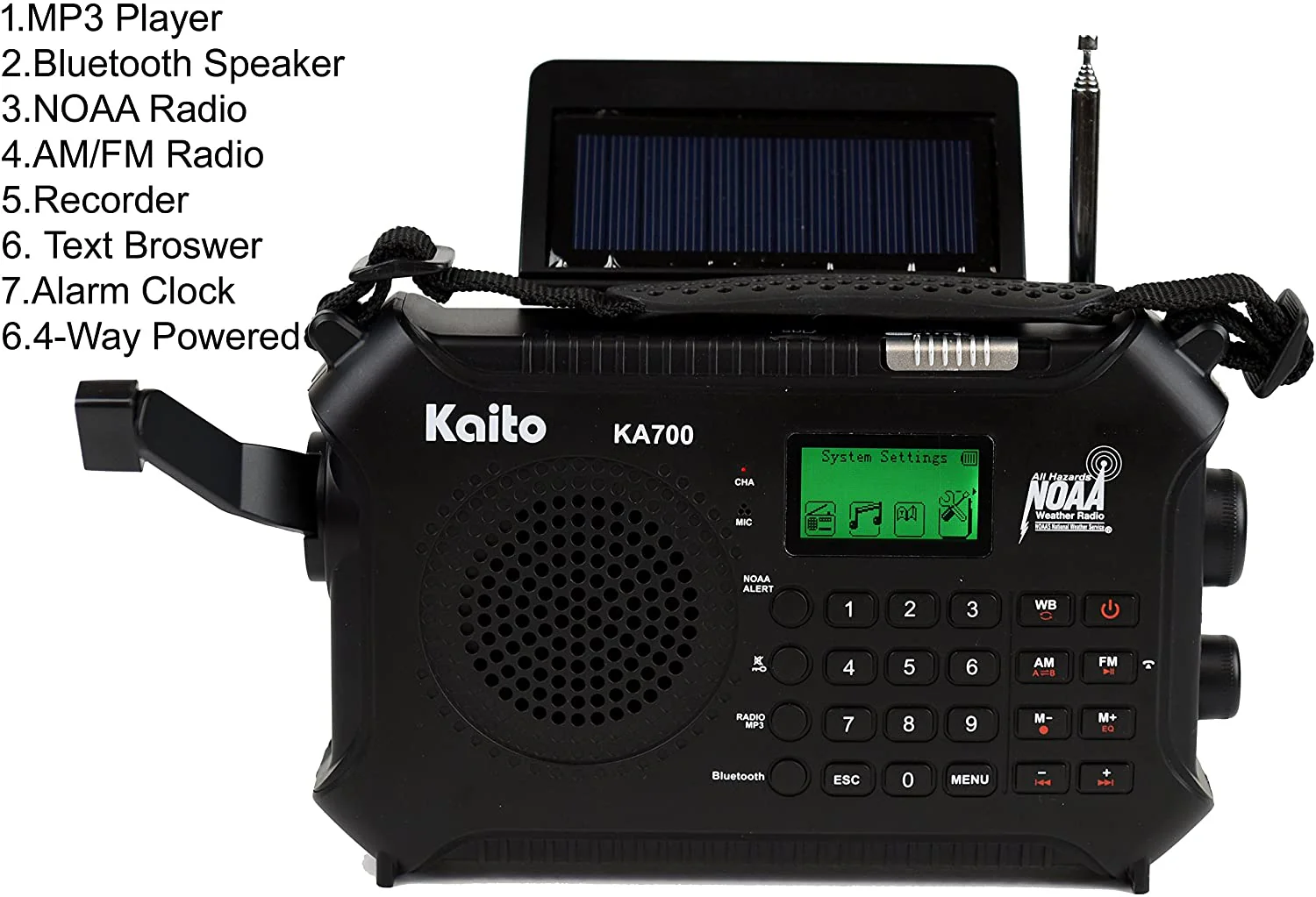Kaito KA700 AM FM NOAA Weather Radio Recorder Bluetooth Dynamo & Solar - Black - Image 6