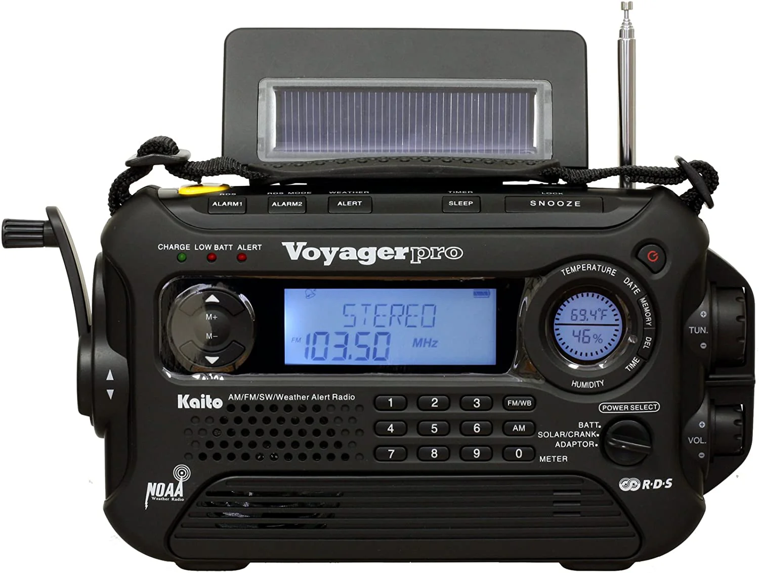 Kaito Voyager Pro KA600 Digital Solar Dynamo,Wind Up,Dynamo Cranking AM/FM/LW/SW & NOAA Weather Emergency Radio with Flashlight, Reading Lamp Alert,Smart Phone Charger & RDS and Real-Time Alert, with AC Adapter Black - Image 5