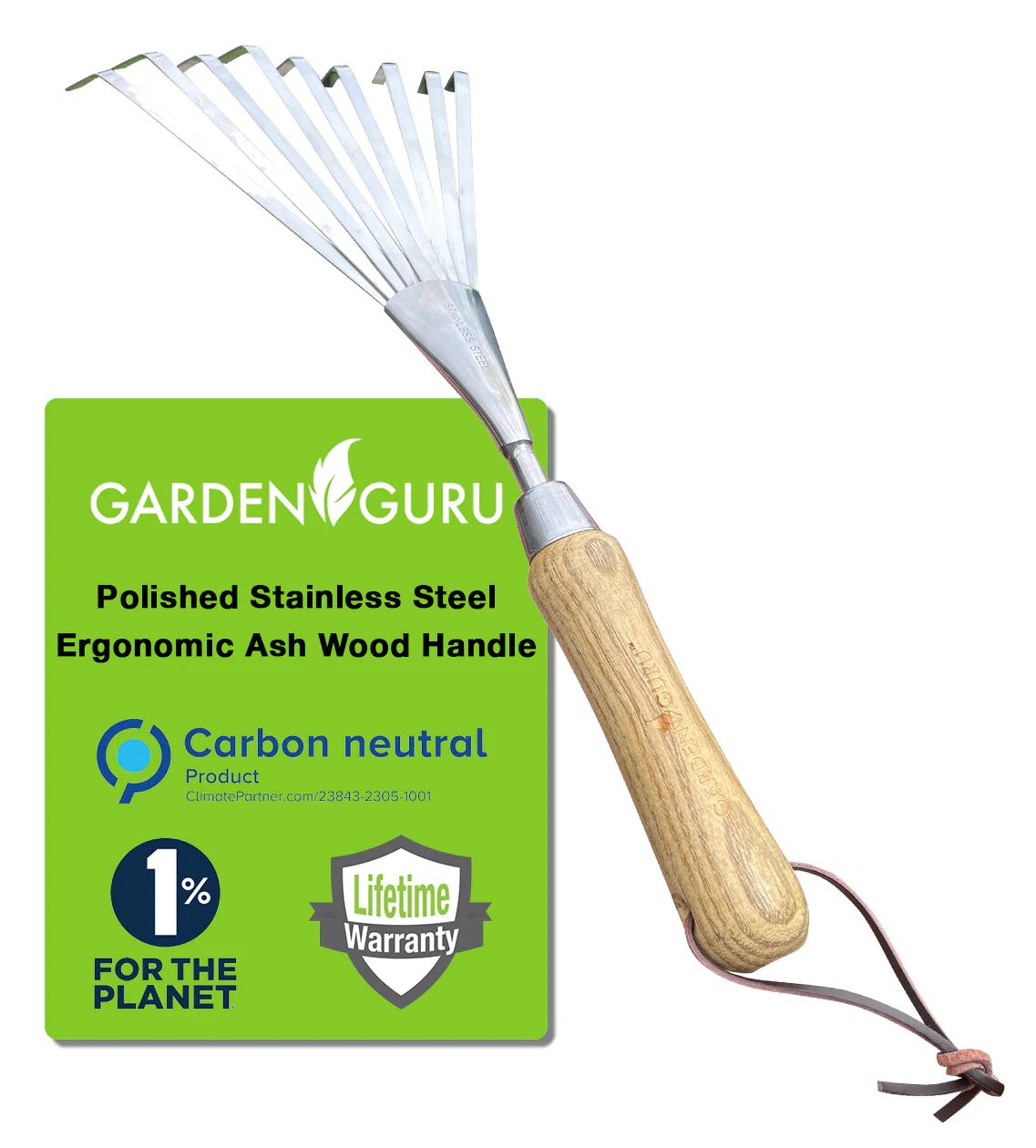 Stainless Steel Garden Hand Rake (classic wood handle) - Image 2