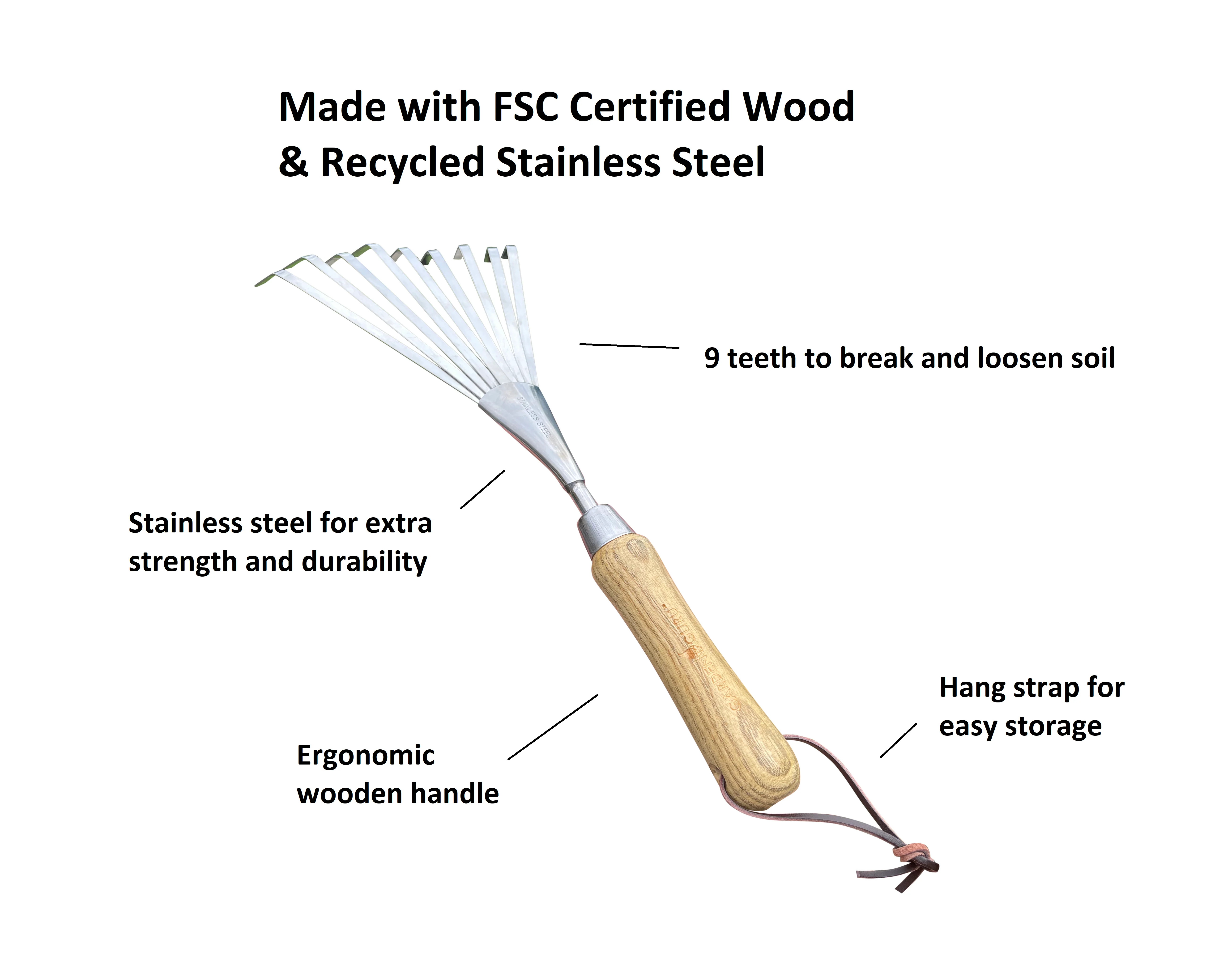 Stainless Steel Garden Hand Rake (classic wood handle) - Image 5