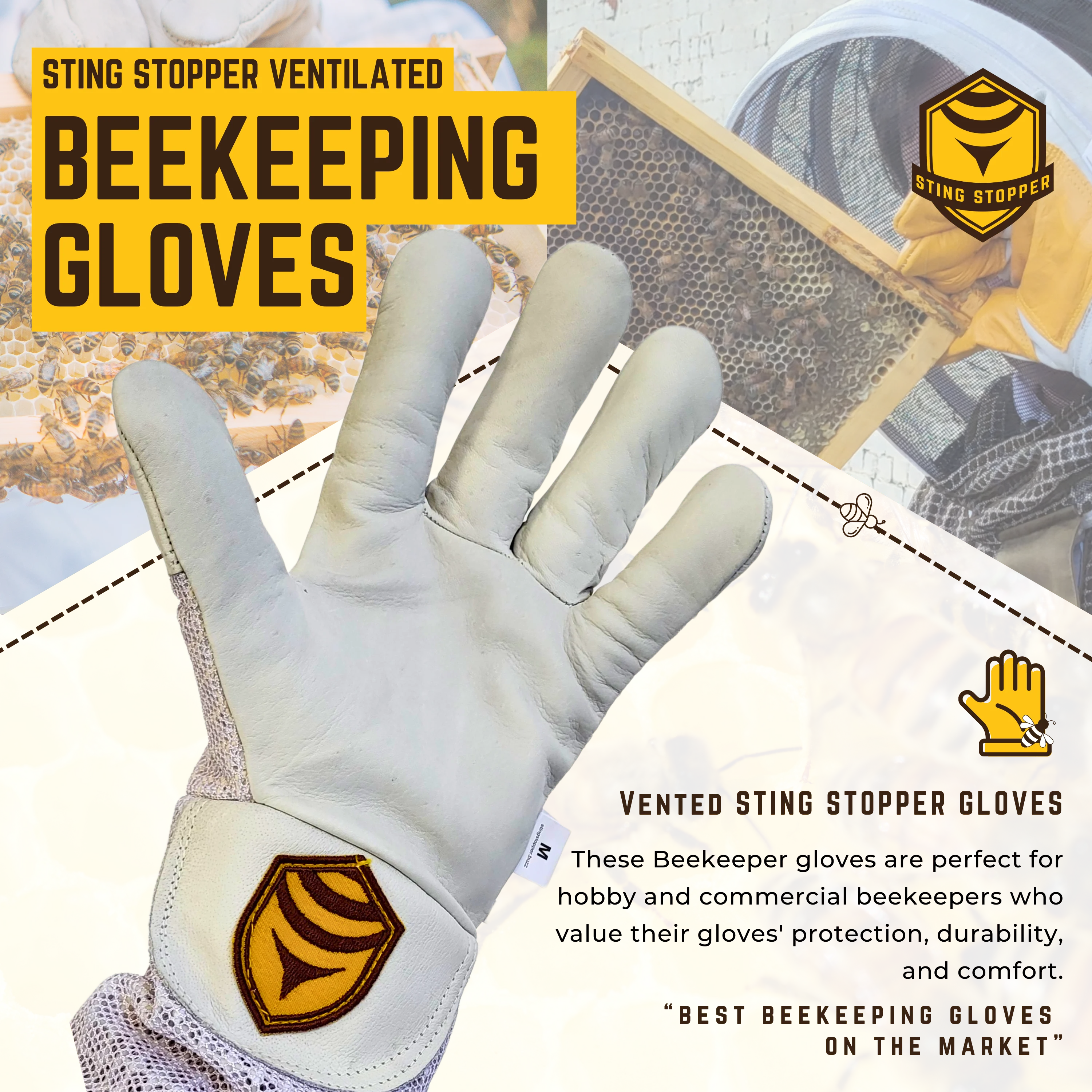 Sting Stopper Ventilated Goat Skin Beekeeping Gloves - Beekeeper White - Image 4