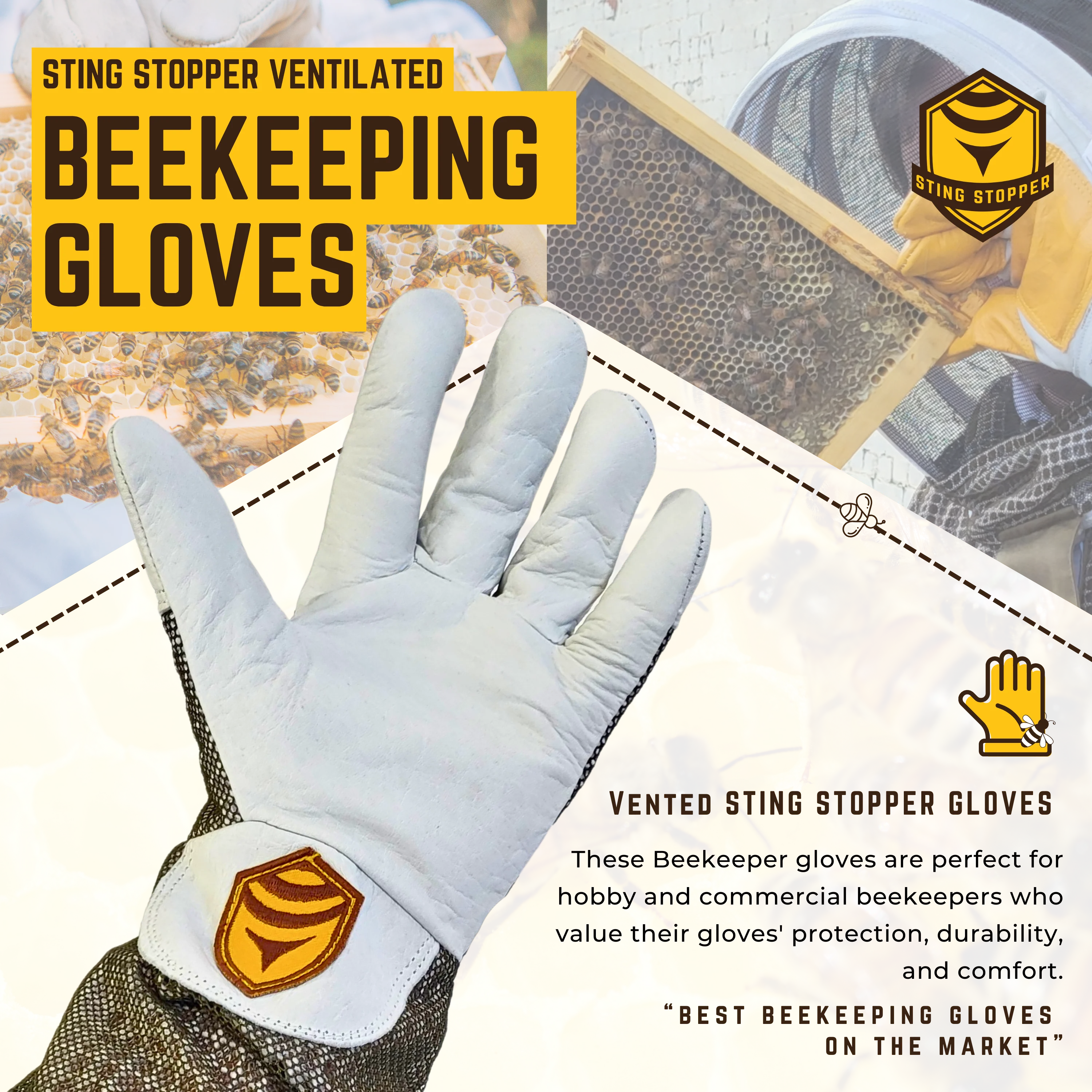 Sting Stopper Ventilated Goat Skin Beekeeping Gloves - Olive Green - Image 3
